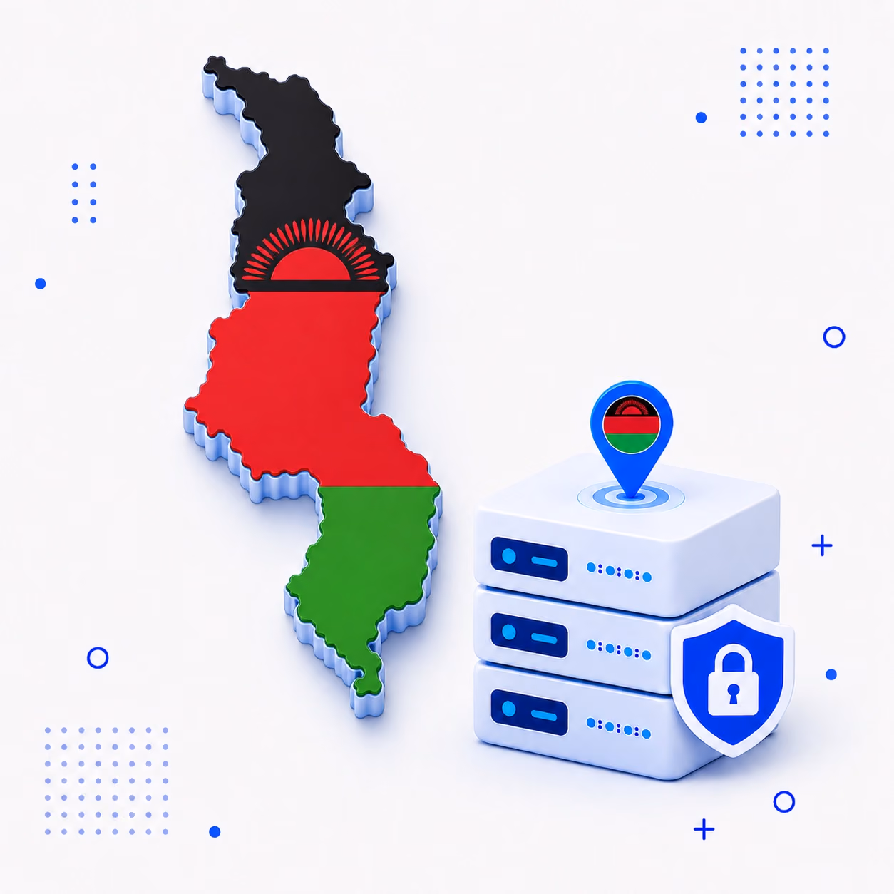 VPN for Malawi 3D map of Malawi in national flag colors with encrypted VPN servers and a shield