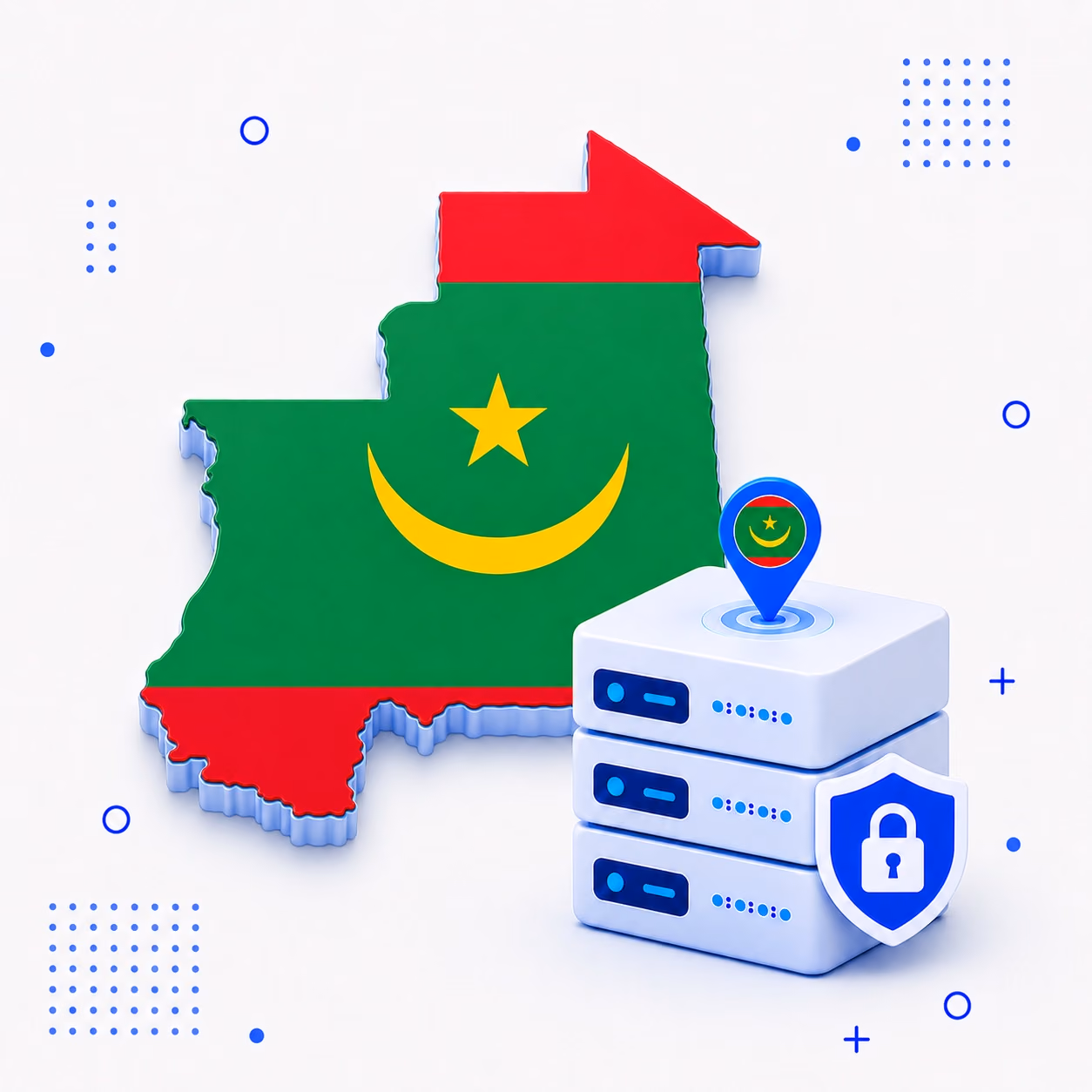 3D map of Mauritania in national flag colors beside protected VPN servers and a privacy shield