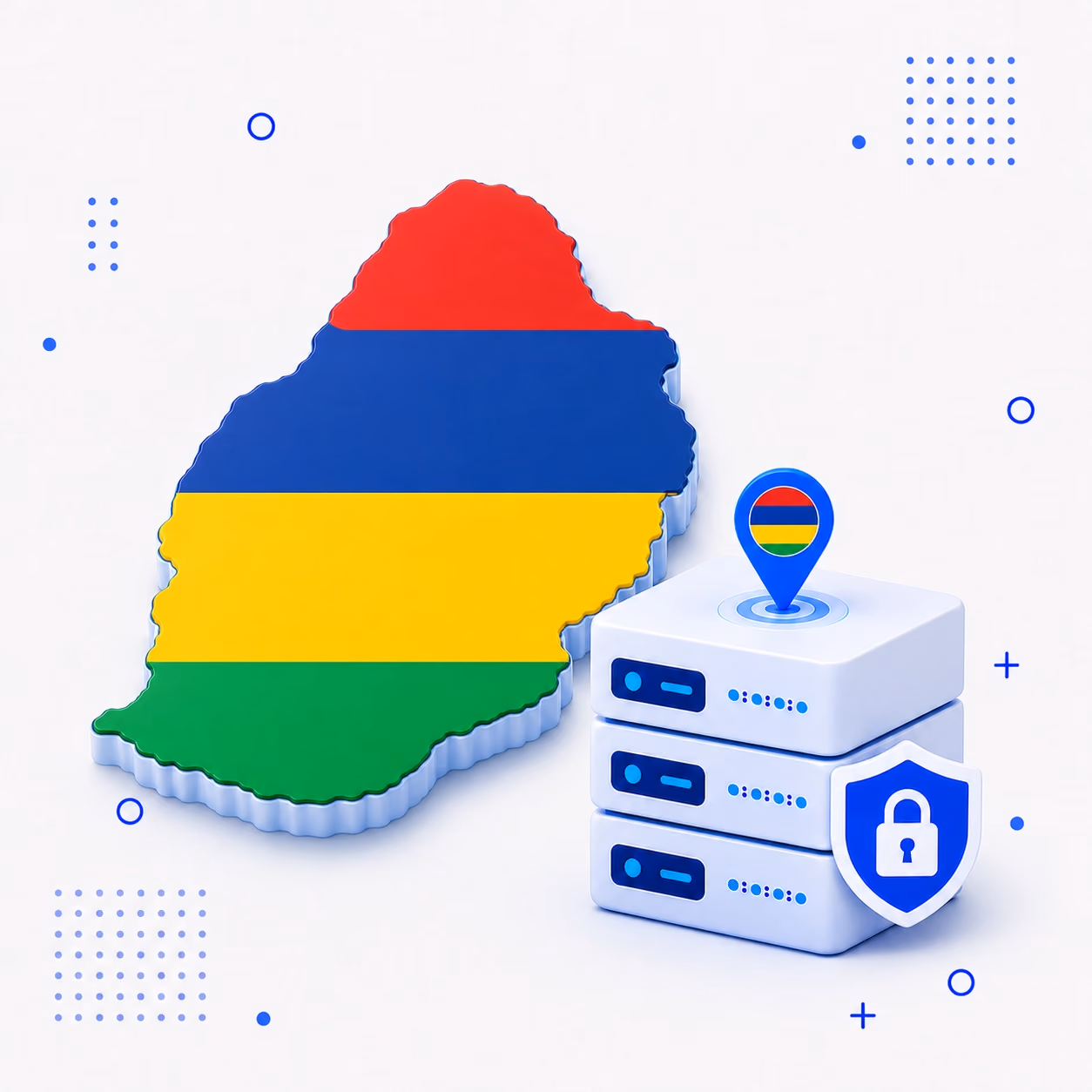 VPN for Mauritius 3D map of Mauritius in national flag colors beside encrypted VPN servers and a privacy shield