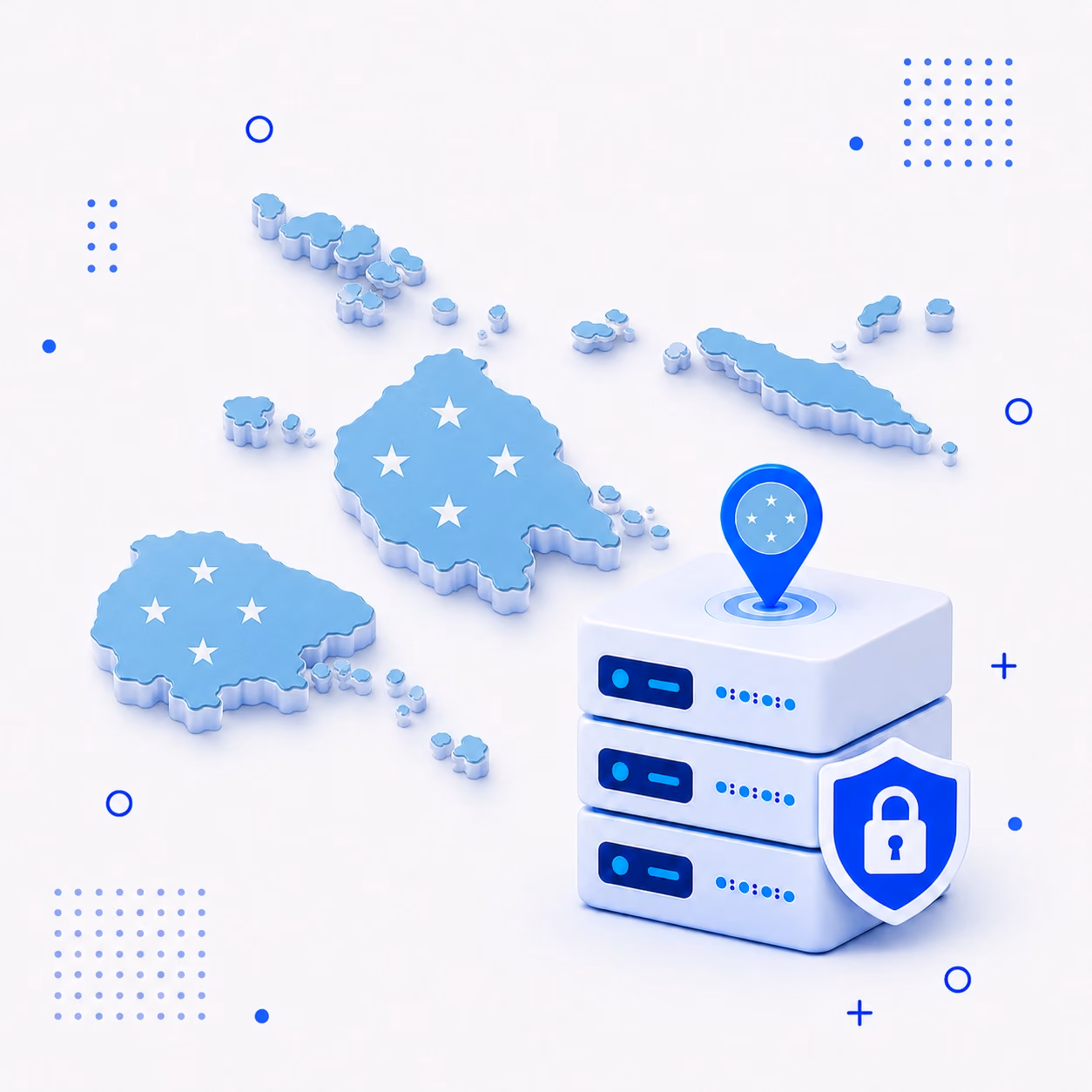 VPN for Micronesia 3D map of Micronesia in national flag colors beside protected VPN infrastructure