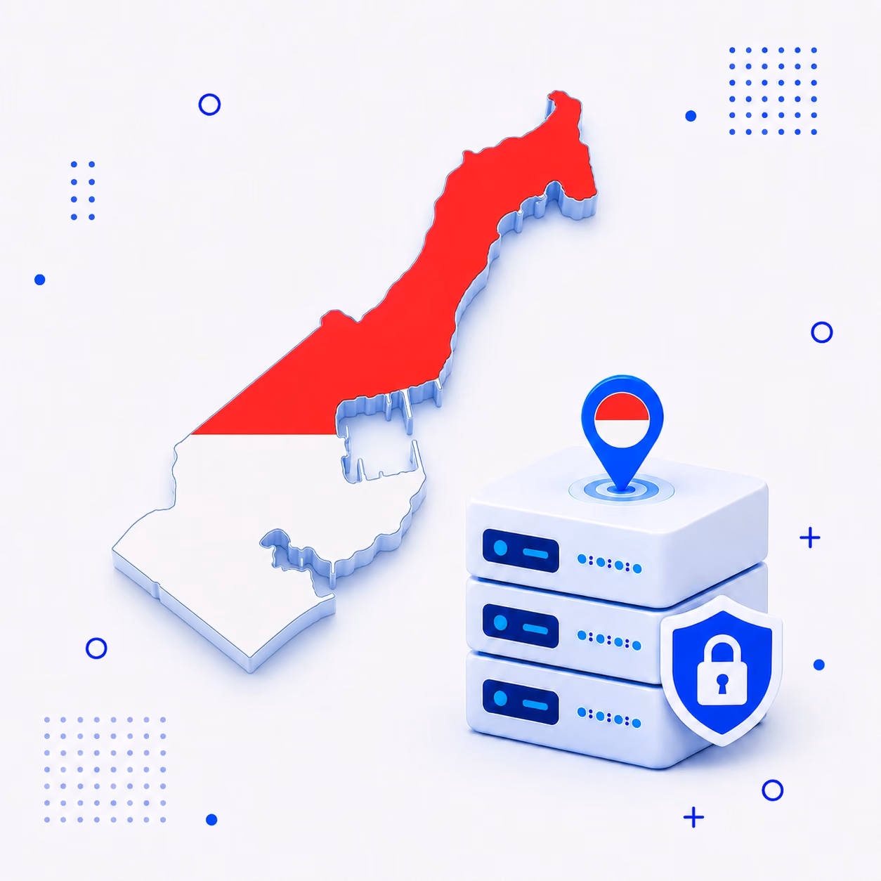 3D map of Monaco in national flag colors beside secure VPN servers and a privacy shield