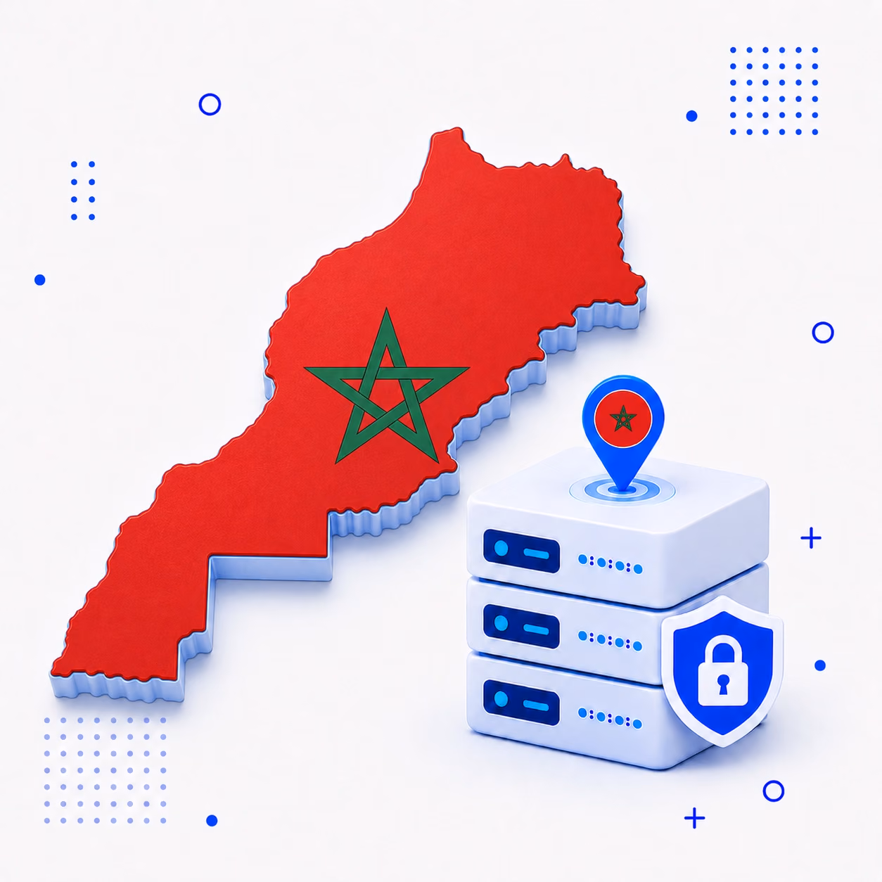 VPN for Morocco 3D map of Morocco in national flag colors beside protected VPN hardware and a shield