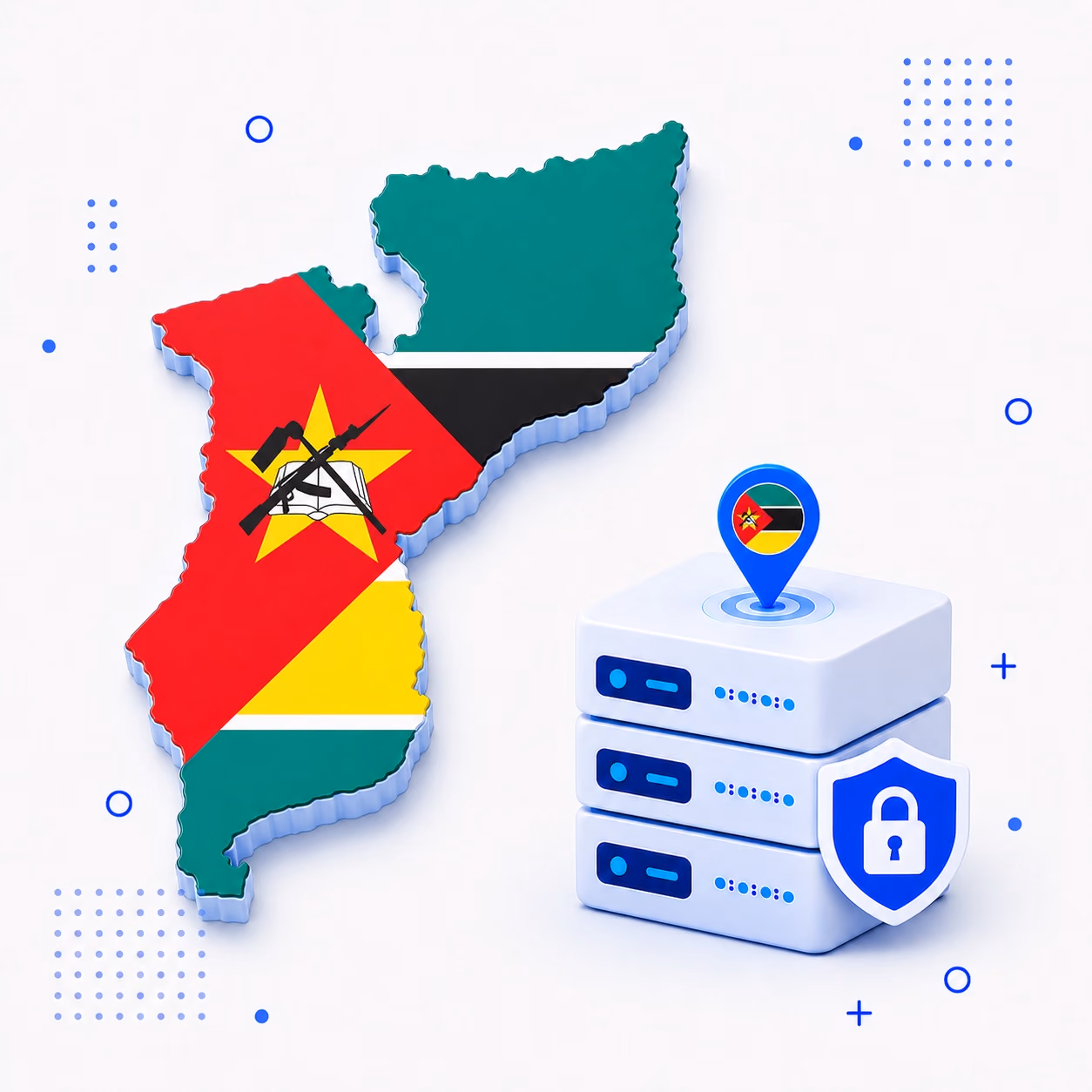 VPN for Mozambique 3D map of Mozambique in national flag colors with encrypted VPN servers and a privacy shield