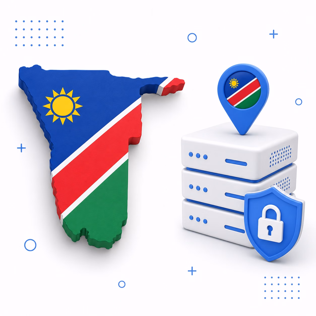 3D map of Namibia in national flag colors beside encrypted VPN servers and a privacy shield