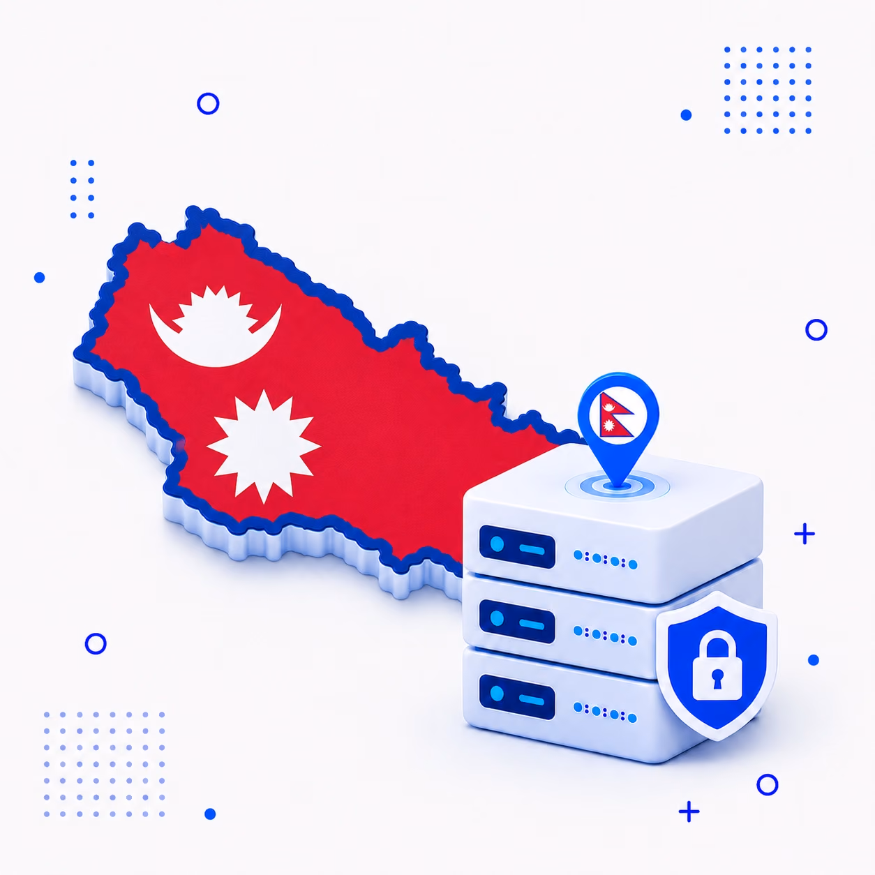 VPN for Nepal 3D map of Nepal in national flag colors beside secure VPN hardware and a shield