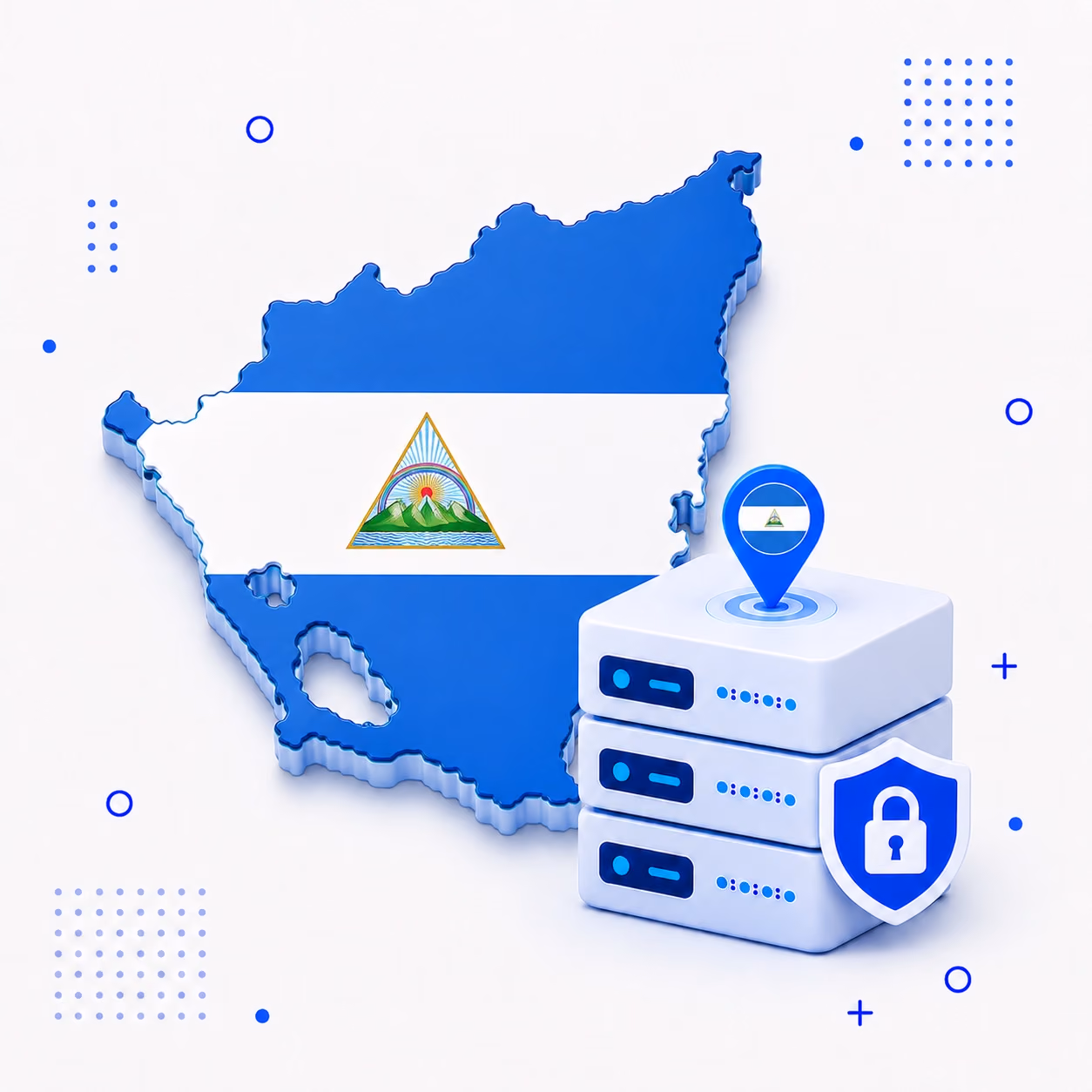 3D map of Nicaragua in national flag colors beside encrypted VPN servers and a privacy shield