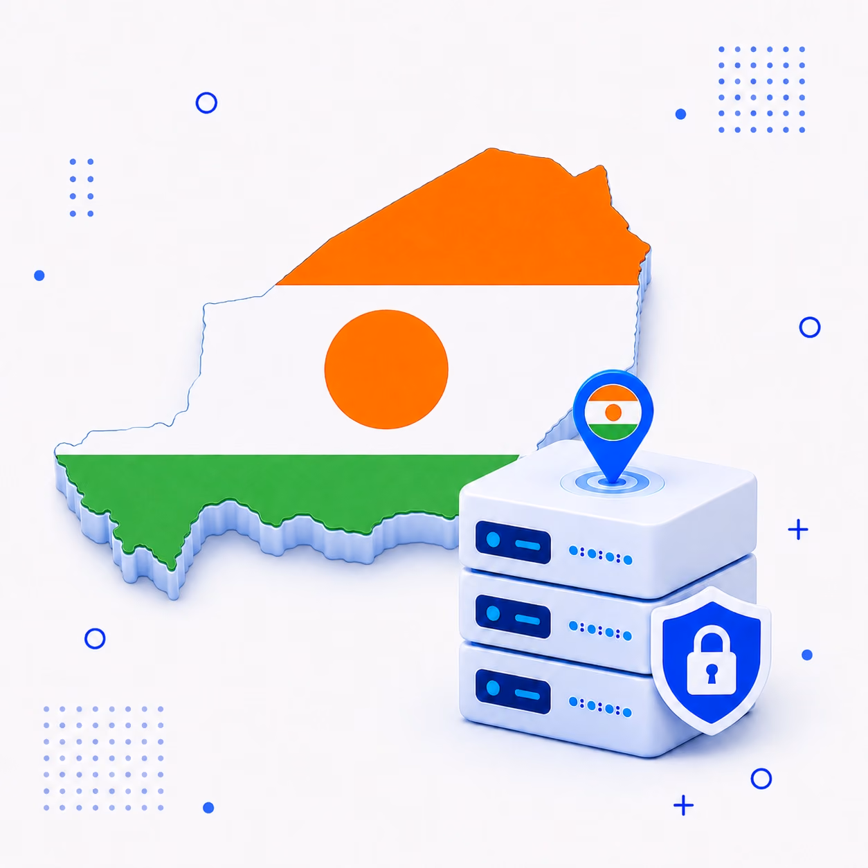 3D map of Niger in national flag colors with protected VPN servers