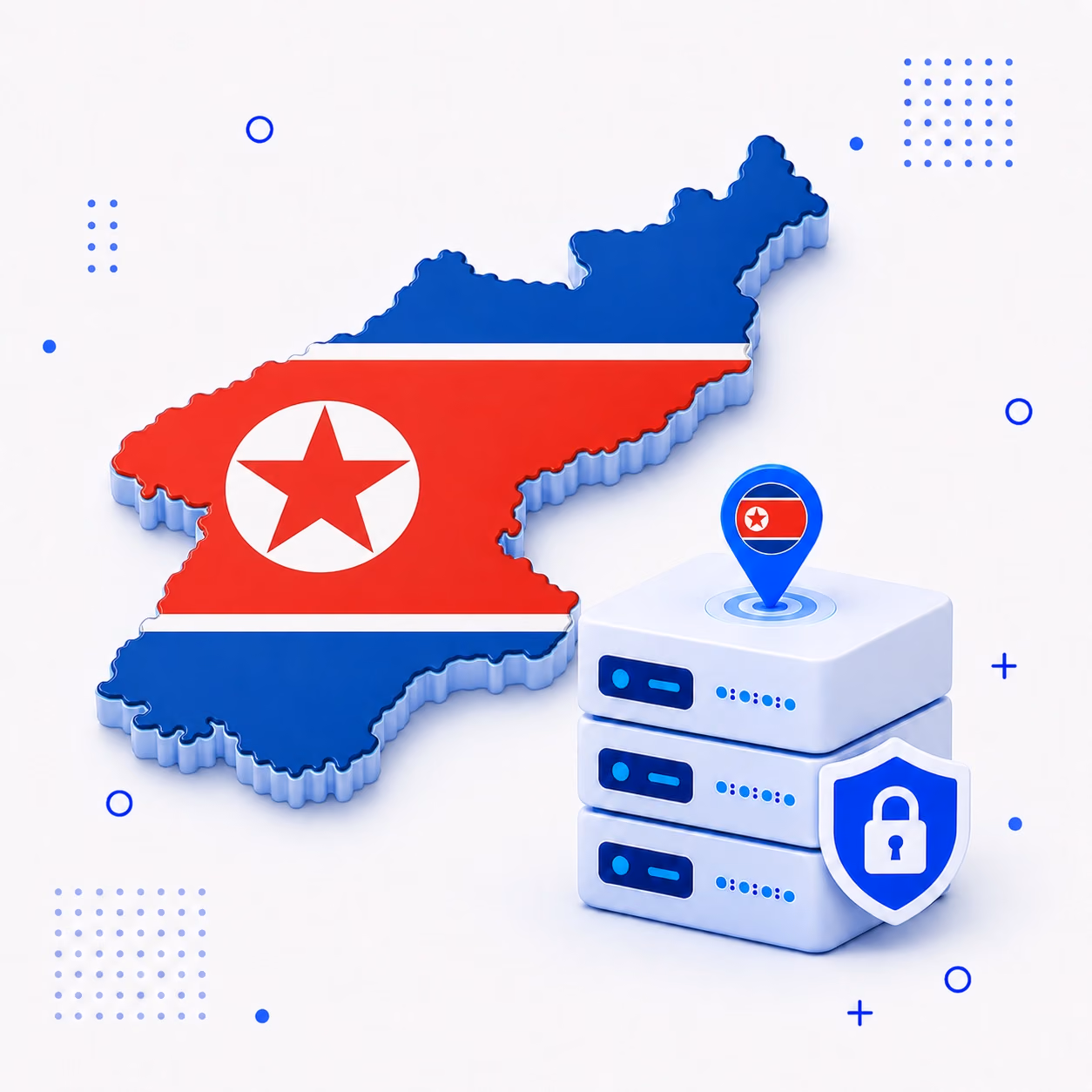 VPN for North Korea 3D map of North Korea in national flag colors with encrypted VPN servers and a privacy shield