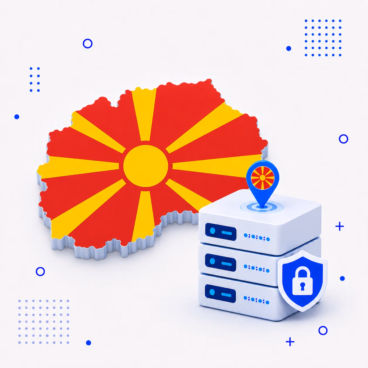 3D map of North Macedonia in national flag colors beside protected VPN servers and a privacy shield