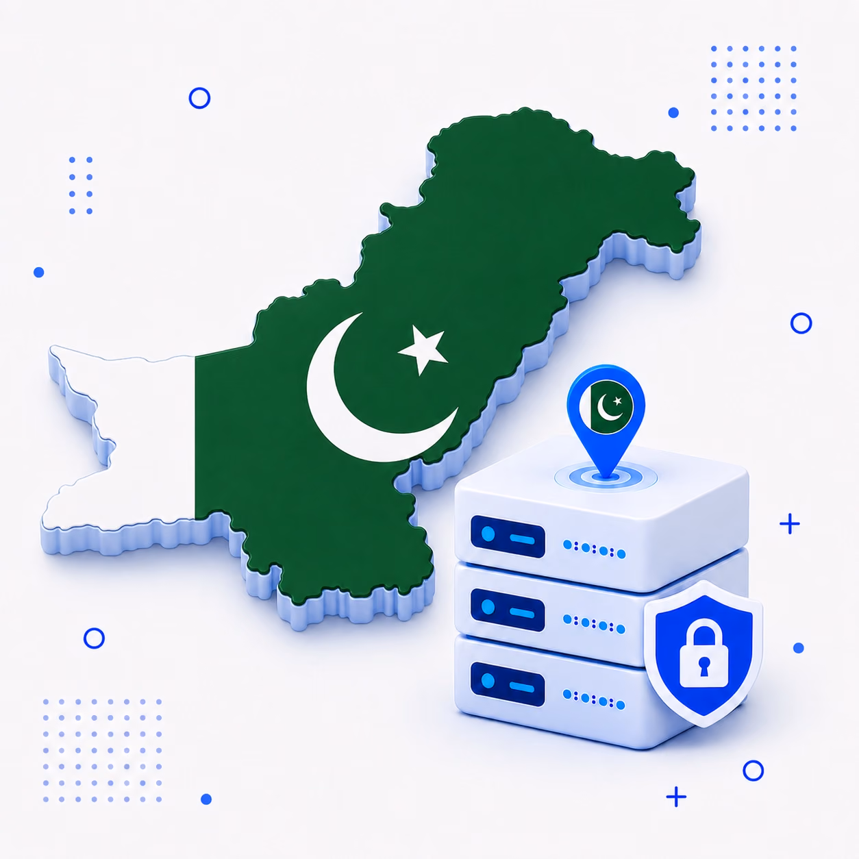3D map of Pakistan in national flag colors beside secure VPN hardware and a shield
