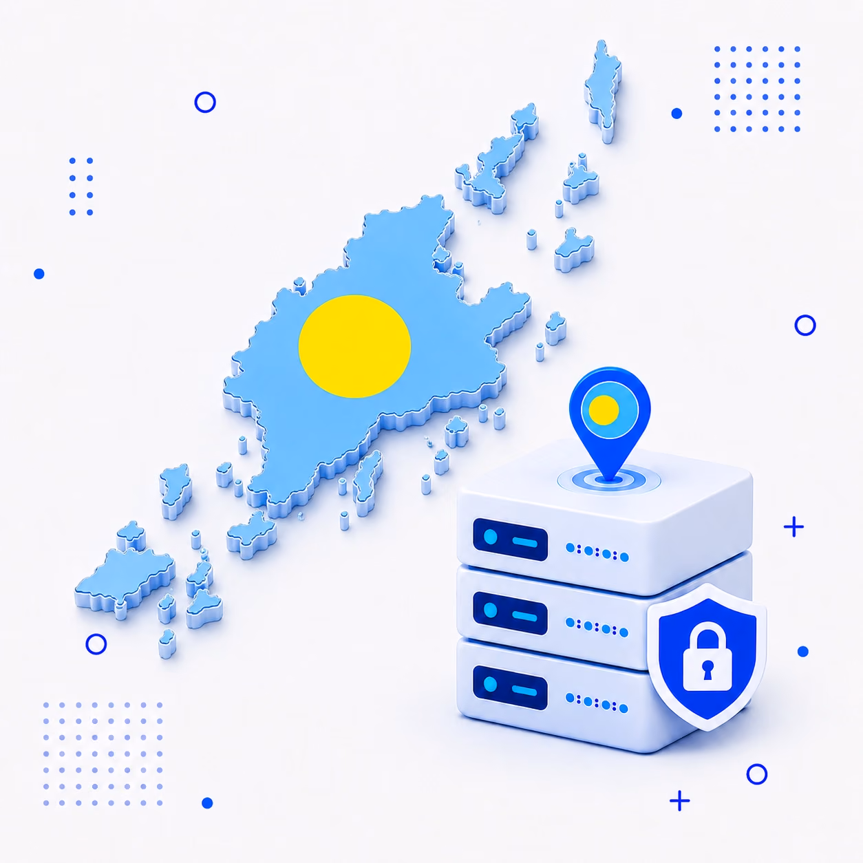 VPN for Palau 3D map of Palau in national flag colors with encrypted VPN servers and a privacy shield