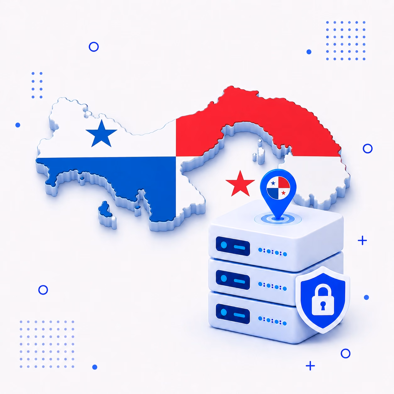 VPN for Panama 3D map of Panama in national flag colors beside encrypted VPN servers and a privacy shield