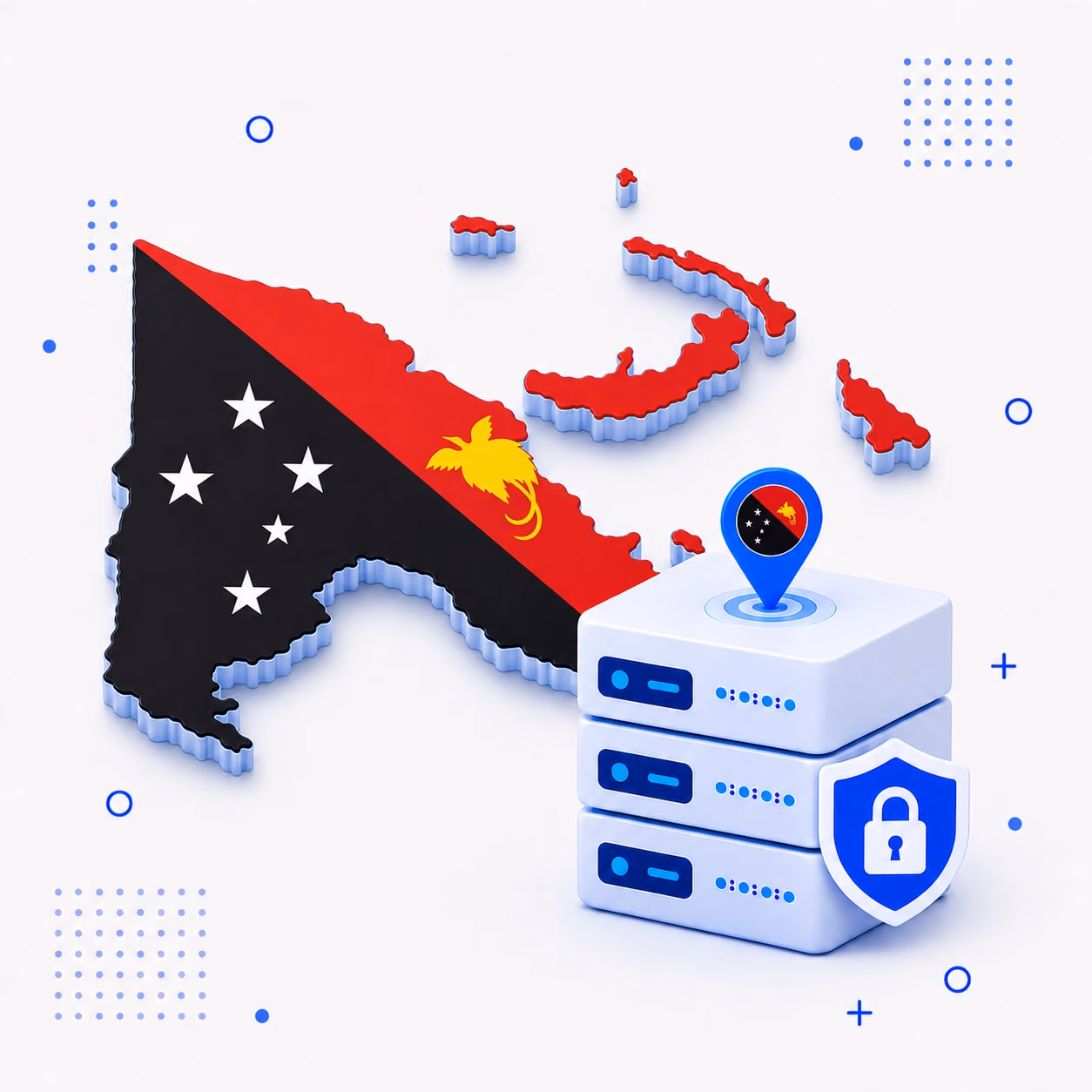 3D map of Papua New Guinea in national flag colors with protected VPN servers