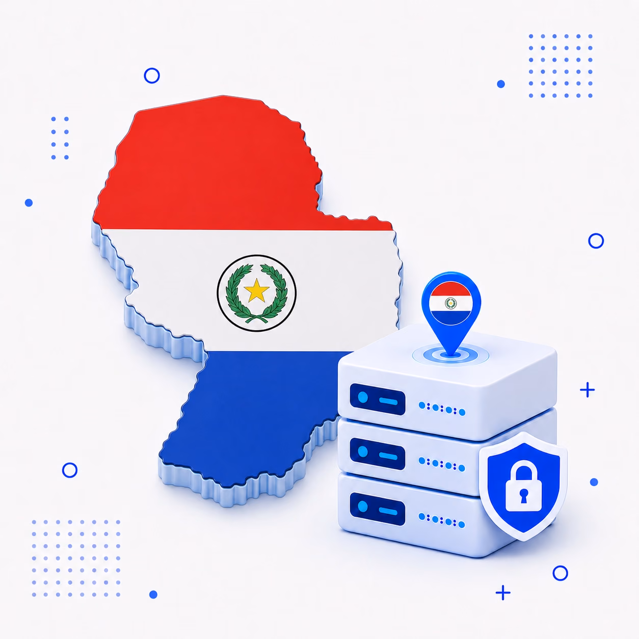 VPN for Paraguay 3D map of Paraguay in national flag colors beside secure VPN hardware and a shield