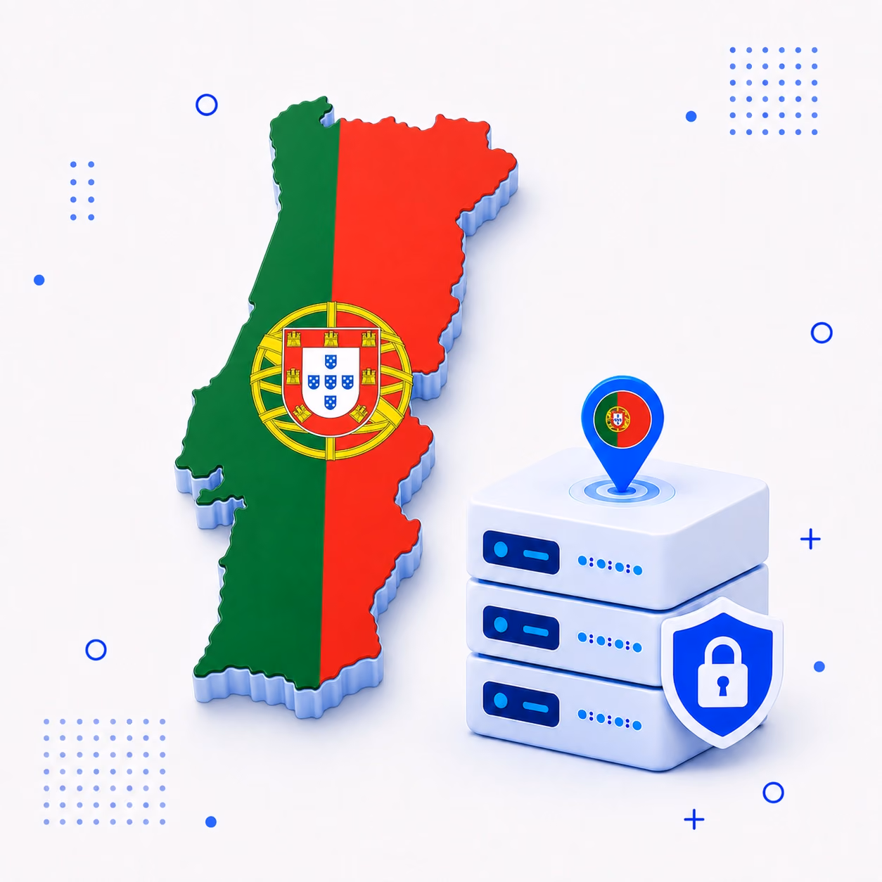 VPN for Portugal 3D map of Portugal in national flag colors with protected VPN servers