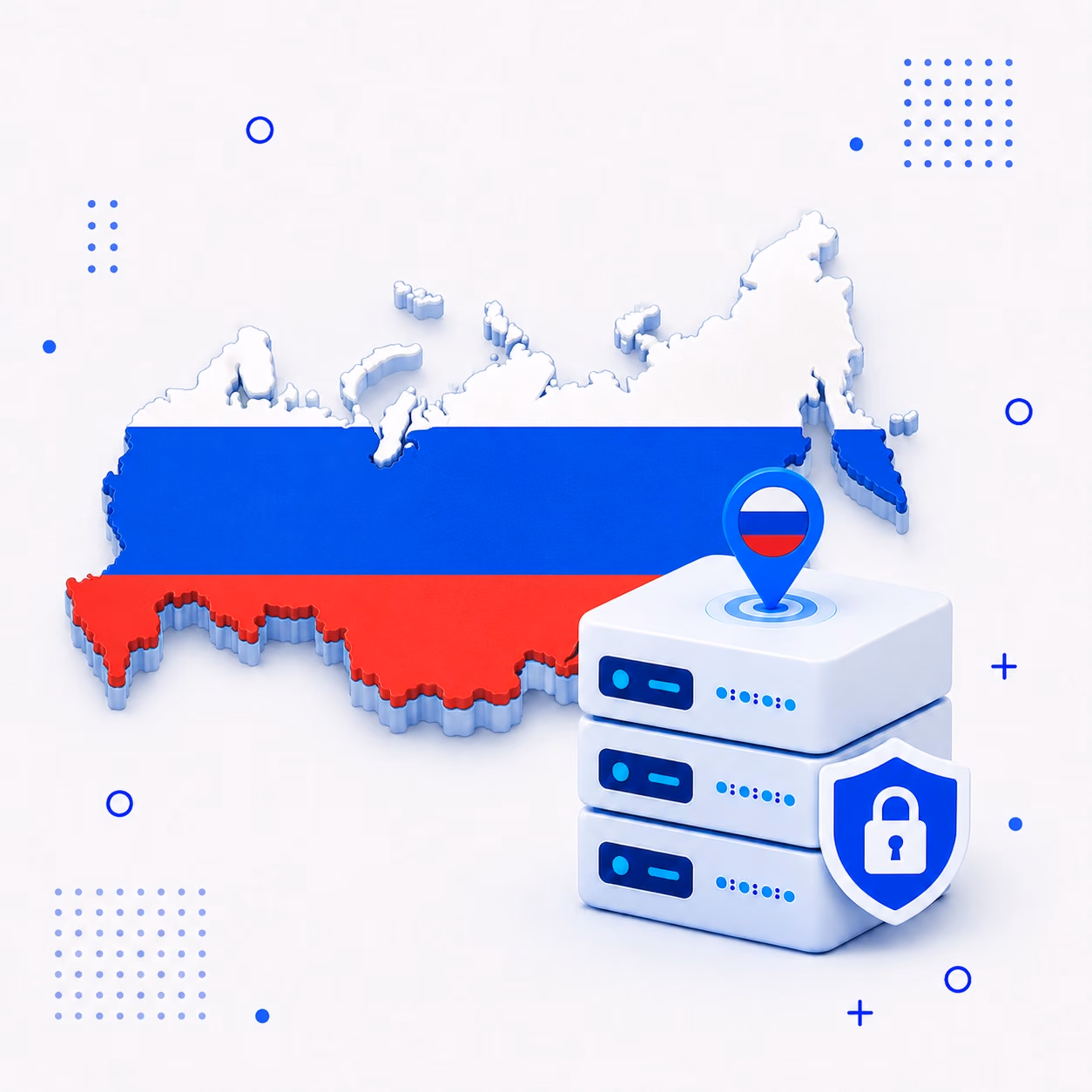 3D map of Russia in national flag colors beside protected VPN servers and a privacy shield