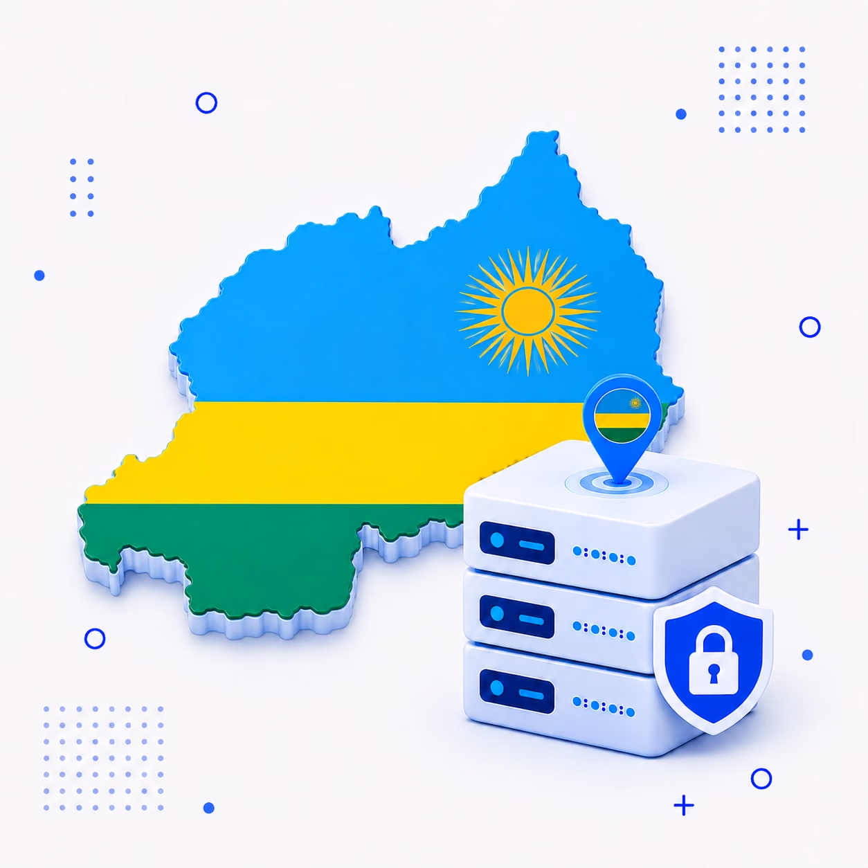 3D map of Rwanda in national flag colors beside encrypted VPN servers and a privacy shield