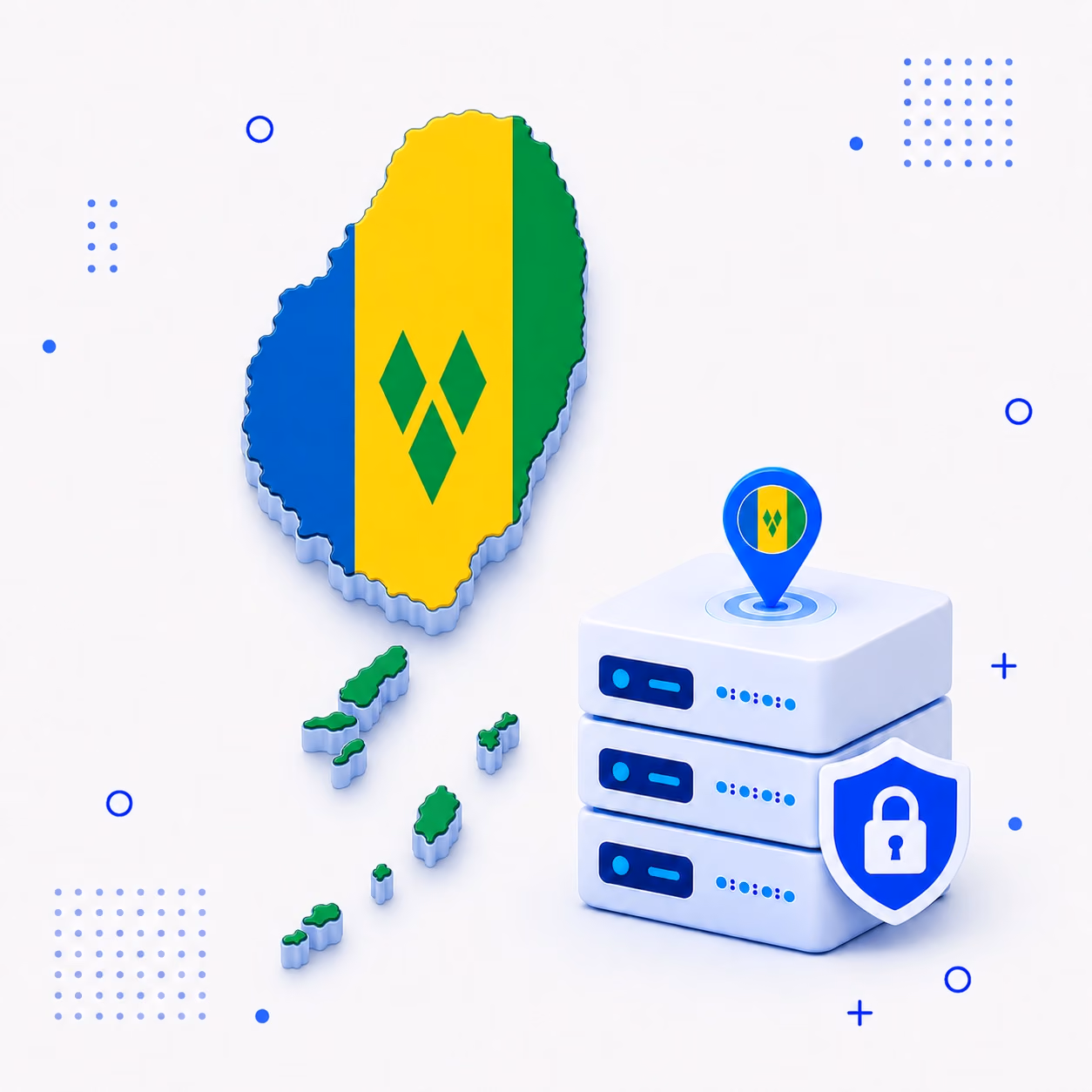 VPN for Saint Vincent and the Grenadines 3D map of Saint Vincent and the Grenadines in flag colors beside encrypted VPN servers and a shield