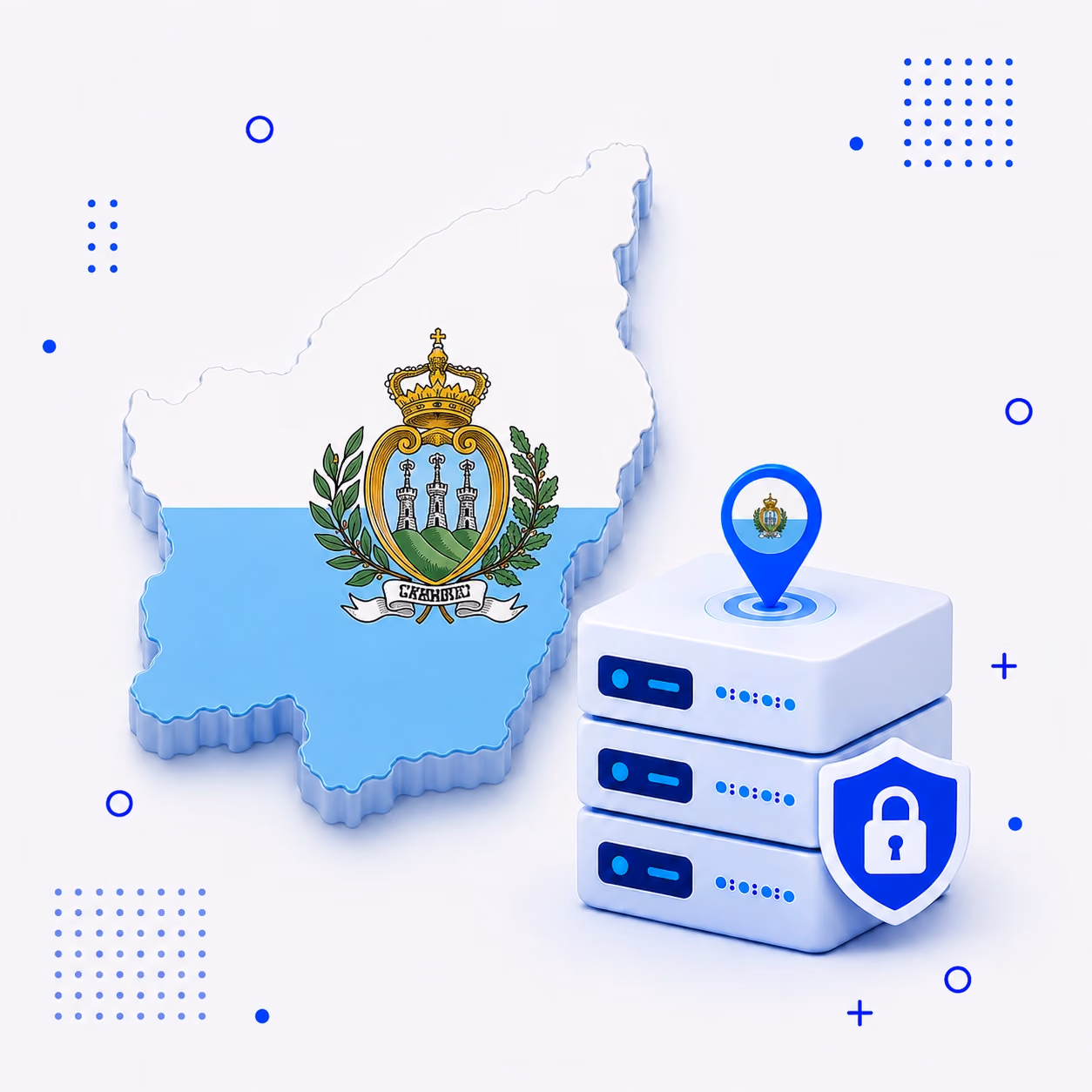 VPN for San Marino 3D map of San Marino in national flag colors beside encrypted VPN servers and a privacy shield