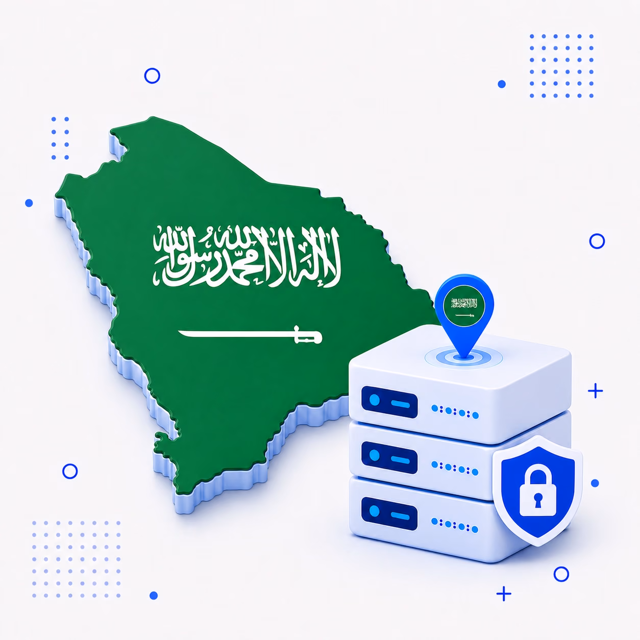 3D map of Saudi Arabia in national flag colors beside protected VPN servers and a privacy shield