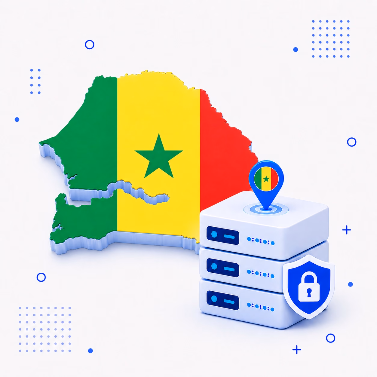 VPN for Senegal 3D map of Senegal in national flag colors with encrypted VPN servers and a privacy shield