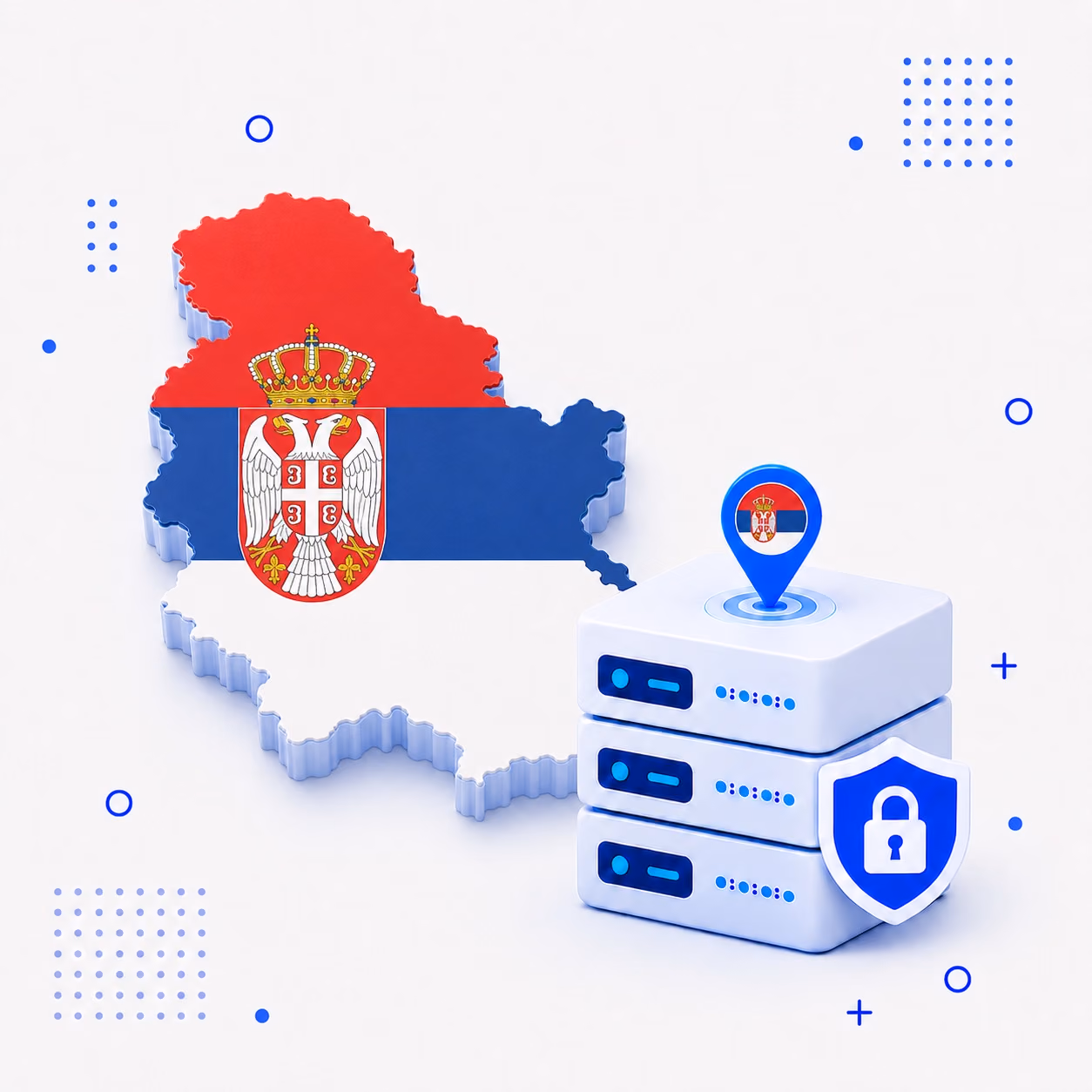 VPN for Serbia 3D map of Serbia in national flag colors beside secure VPN servers and a privacy shield