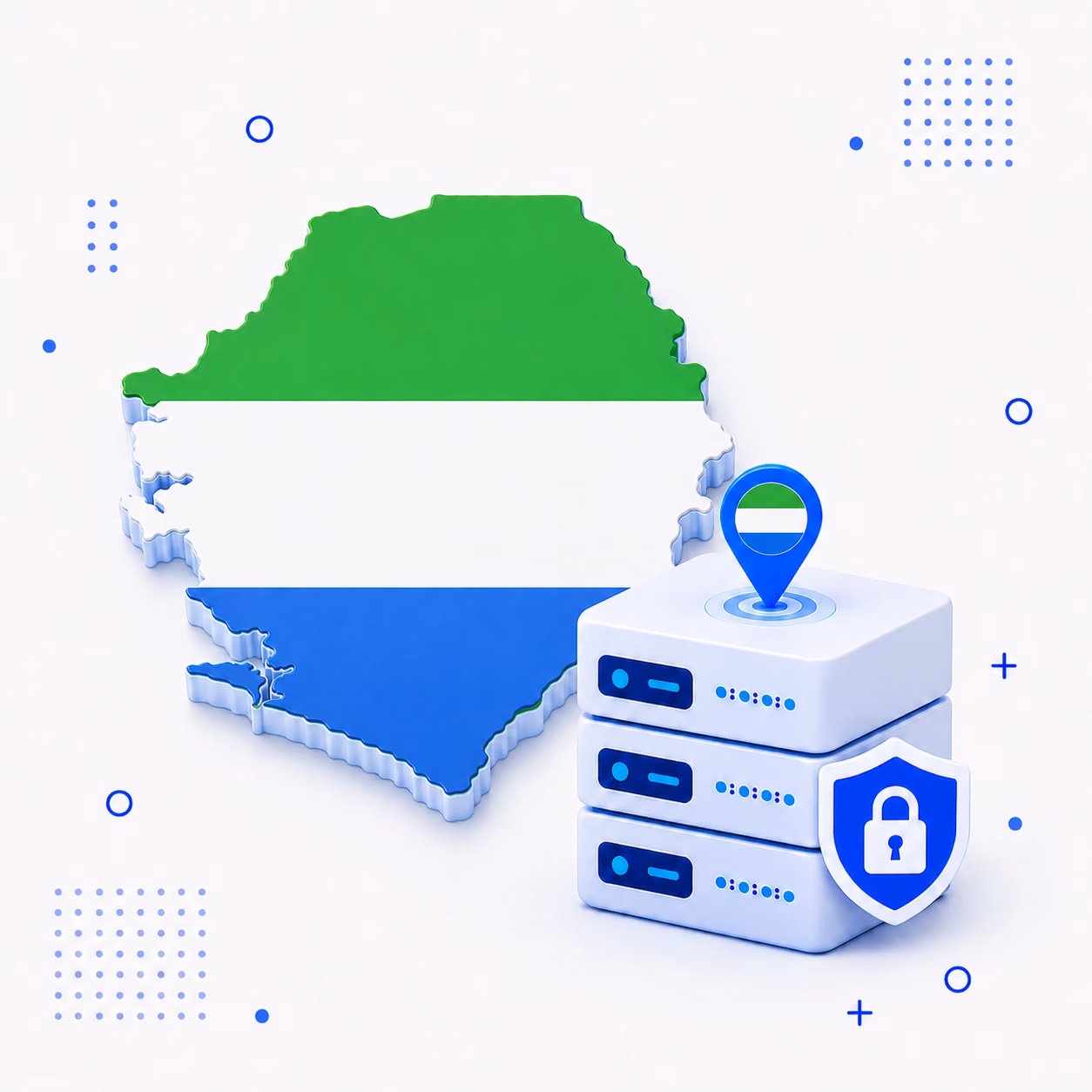 3D map of Sierra Leone in national flag colors with protected VPN servers and a privacy shield