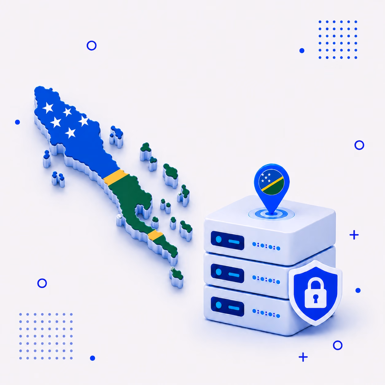 VPN for Solomon Islands 3D map of Solomon Islands in national flag colors beside encrypted VPN servers and a privacy shield