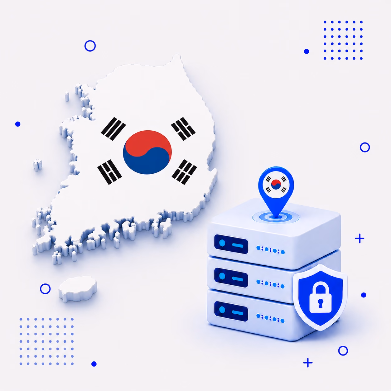 VPN for South Korea 3D map of South Korea in national flag colors with encrypted VPN servers and a privacy shield