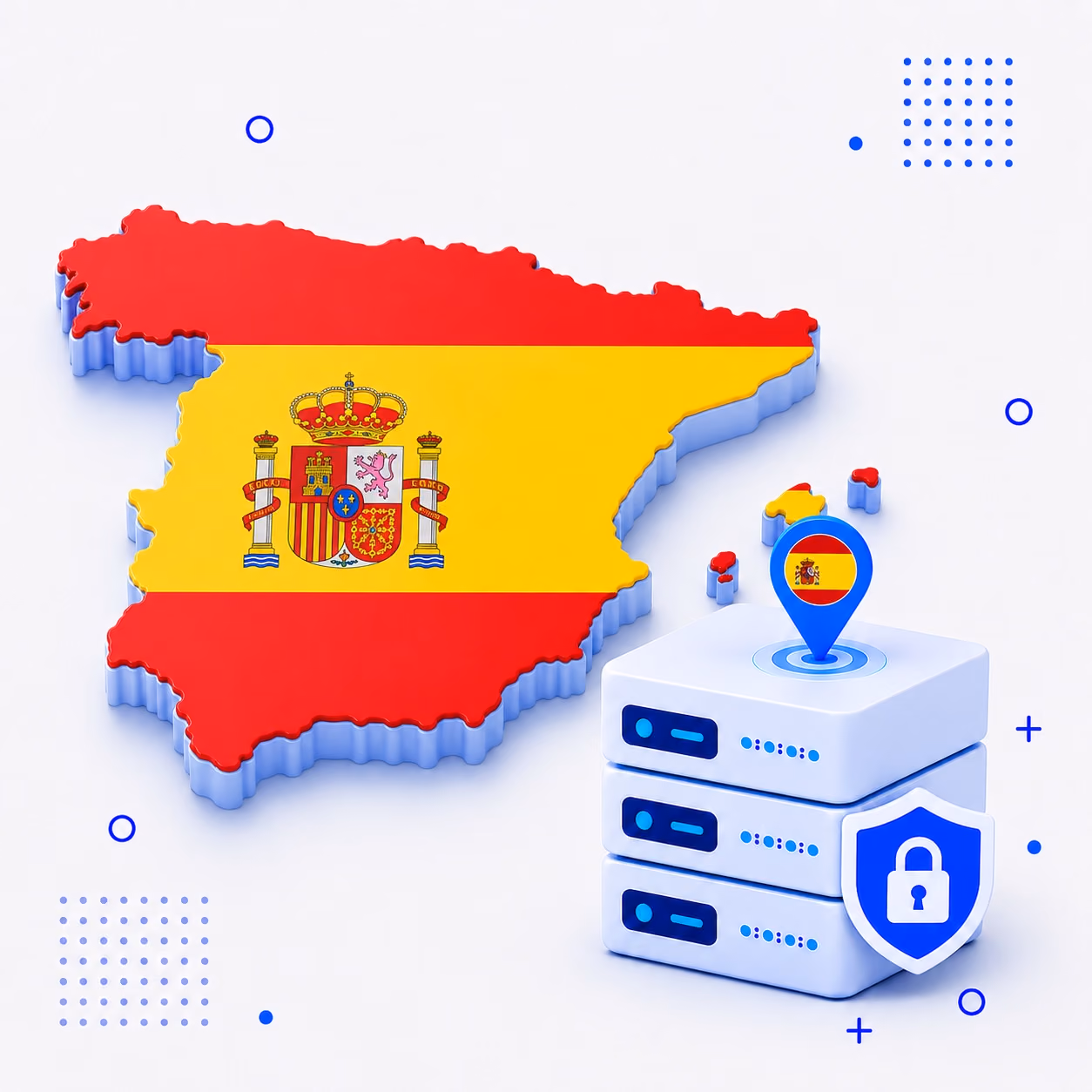 3D map of Spain in national flag colors beside encrypted VPN servers and a privacy shield