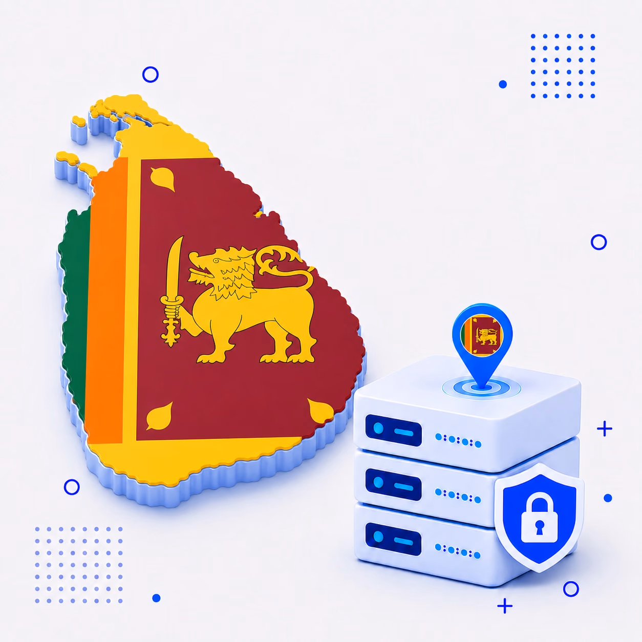 3D map of Sri Lanka in national flag colors with secure VPN servers and a privacy shield