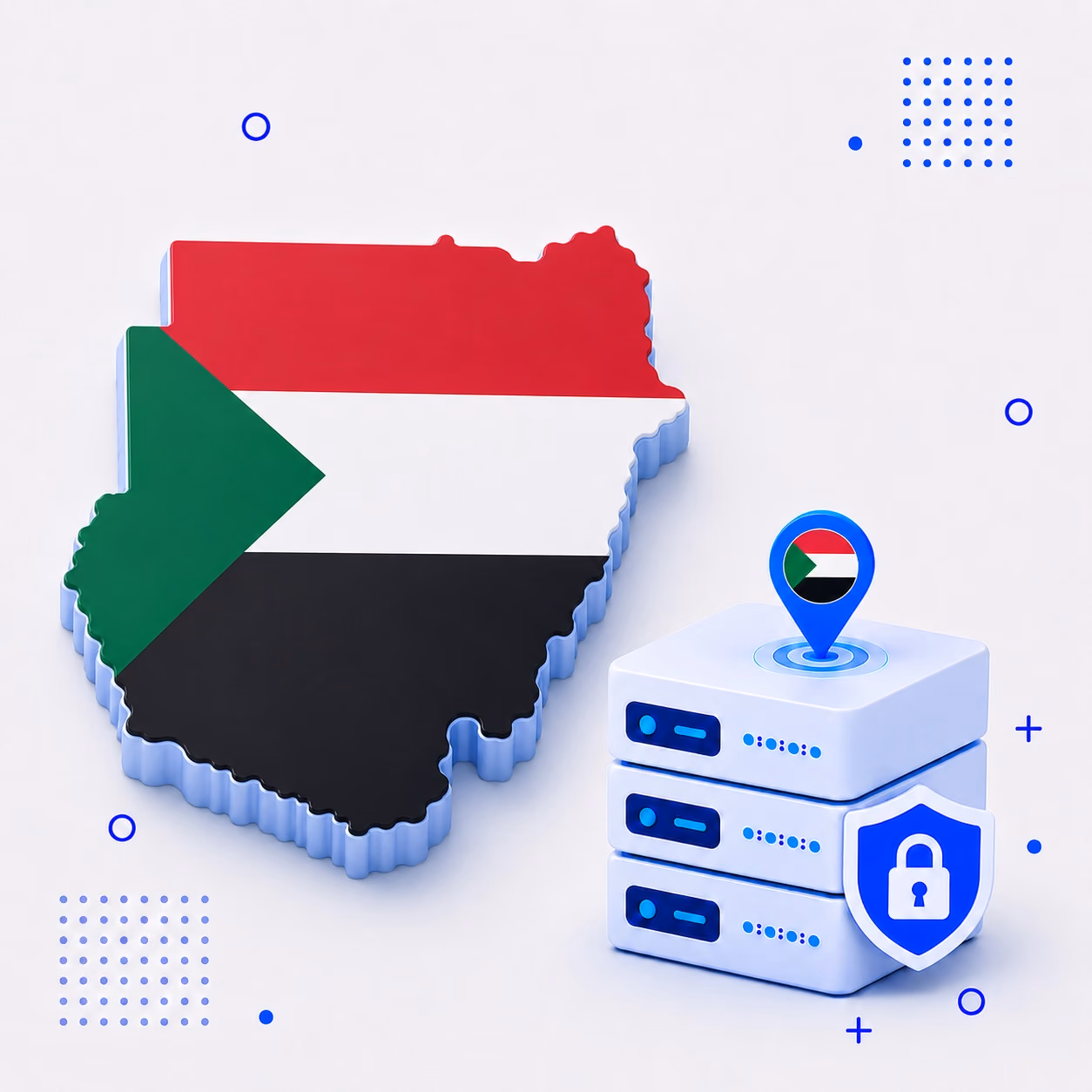VPN for Sudan 3D map of Sudan in national flag colors beside protected VPN servers and a privacy shield