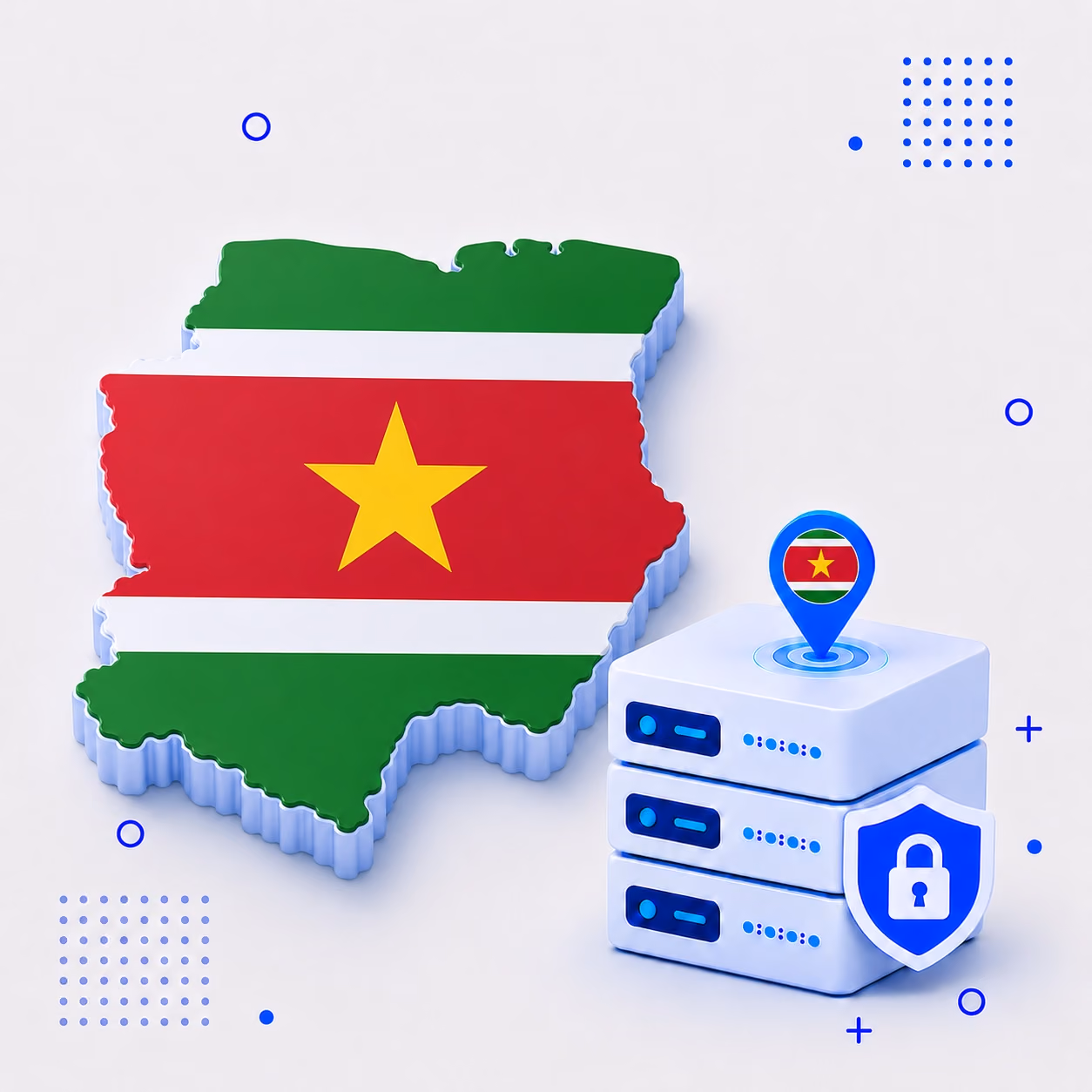 3D map of Suriname in national flag colors with encrypted VPN servers and a privacy shield