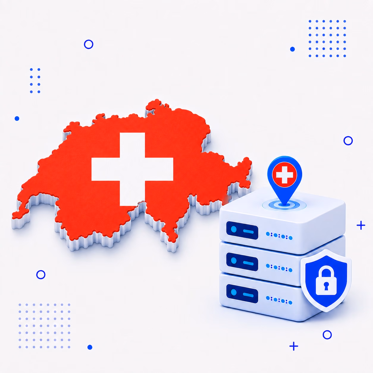 3D map of Switzerland in national flag colors beside encrypted VPN servers and a privacy shield
