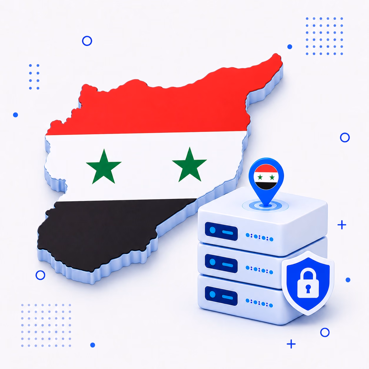 VPN for Syria 3D map of Syria in national flag colors with protected VPN servers and a privacy shield