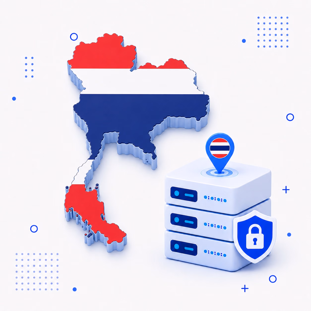 3D map of Thailand in national flag colors beside encrypted VPN servers and a privacy shield