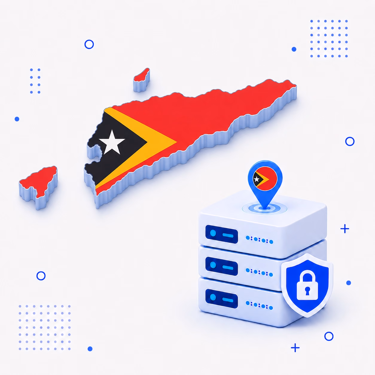 VPN for Timor-Leste 3D map of Timor-Leste in national flag colors with secure VPN servers and a privacy shield