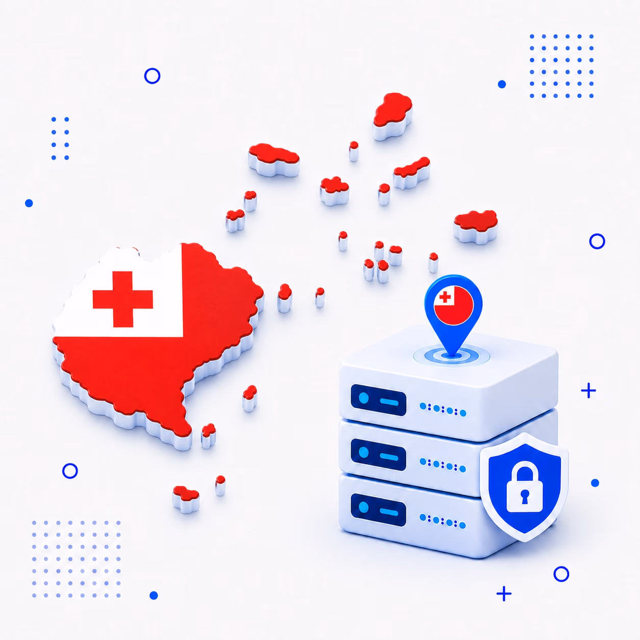 3D map of Tonga in national flag colors with encrypted VPN servers and a privacy shield