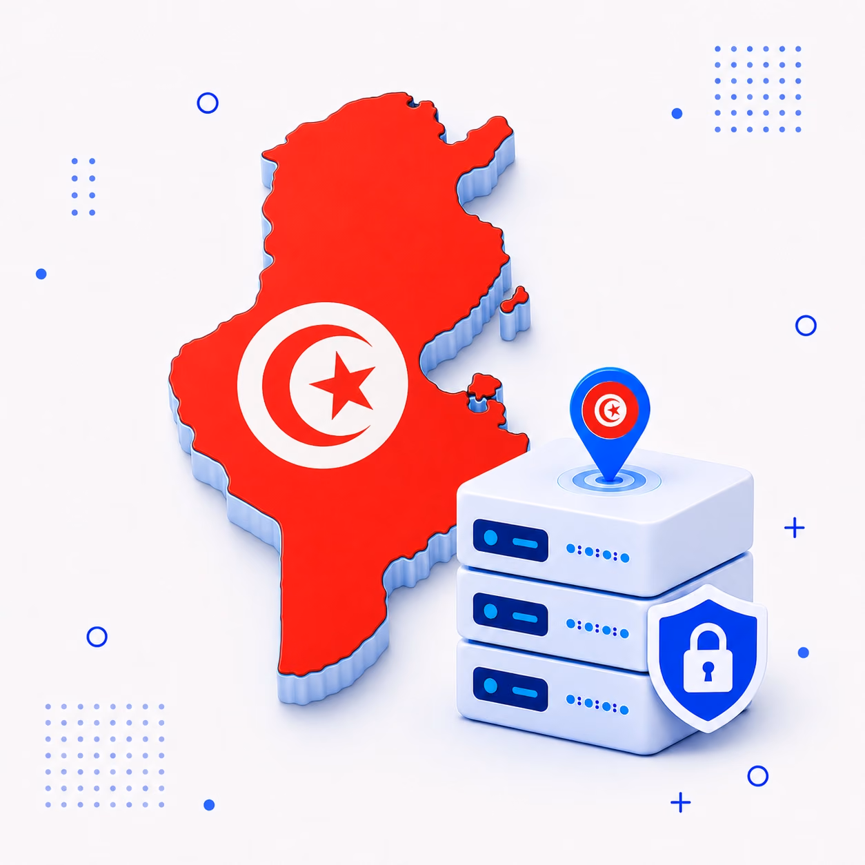 VPN for Tunisia 3D map of Tunisia in national flag colors beside encrypted VPN servers and a privacy shield