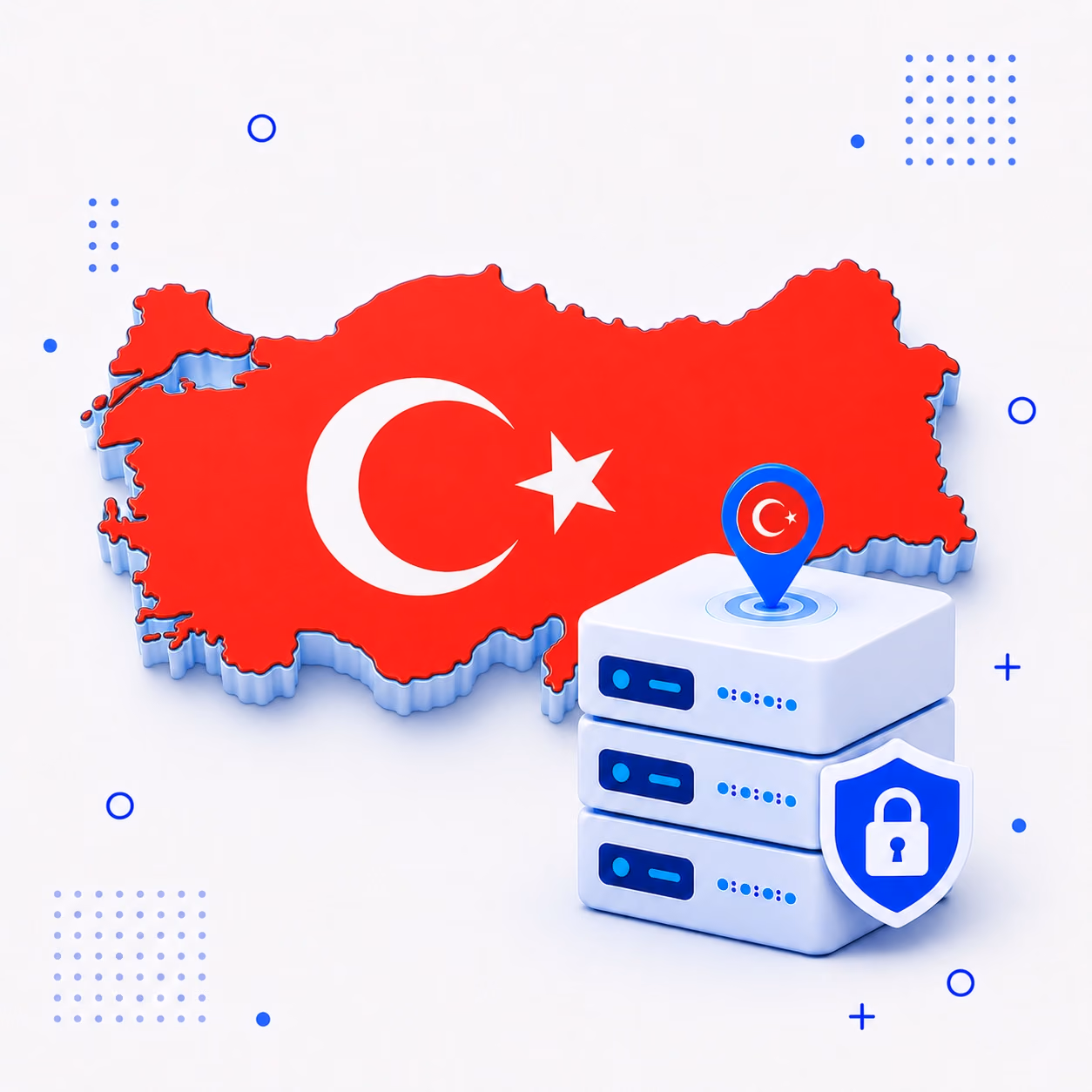 VPN for Türkiye 3D map of Türkiye in national flag colors with protected VPN servers and a privacy shield