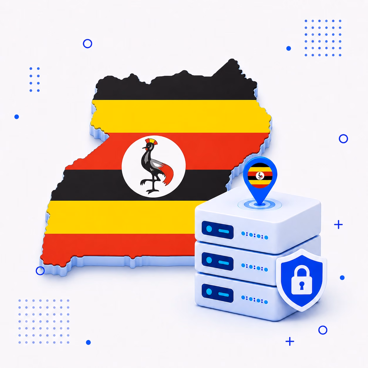 VPN for Uganda 3D map of Uganda in national flag colors beside protected VPN servers and a privacy shield