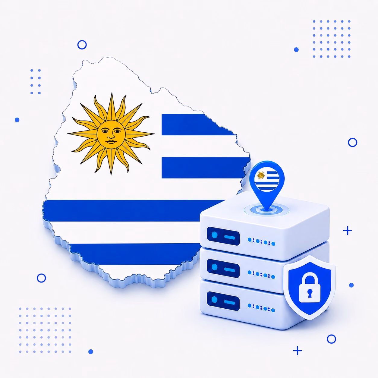 VPN for Uruguay 3D map of Uruguay in national flag colors with encrypted VPN servers and a privacy shield