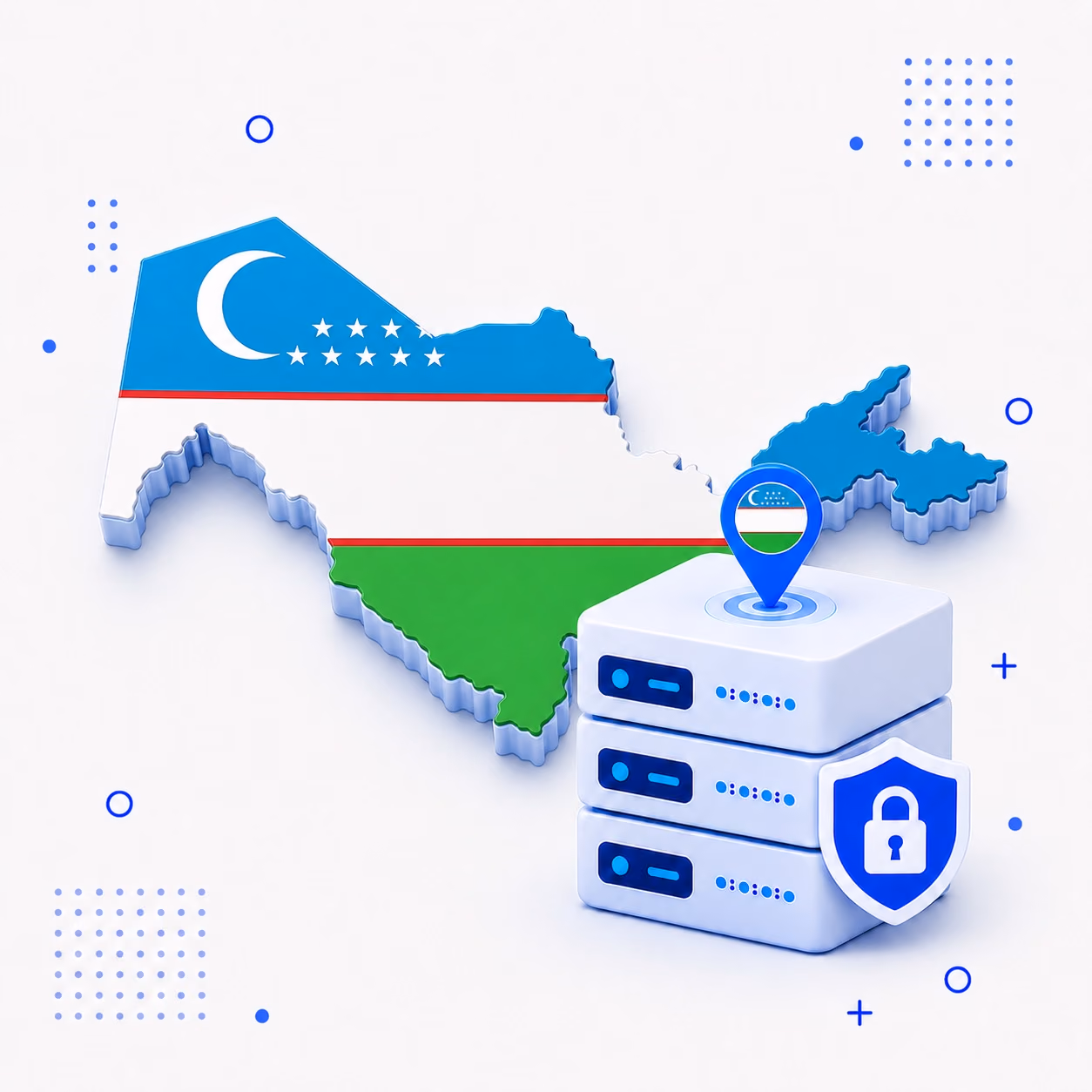 3D map of Uzbekistan in national flag colors beside secure VPN servers and a privacy shield