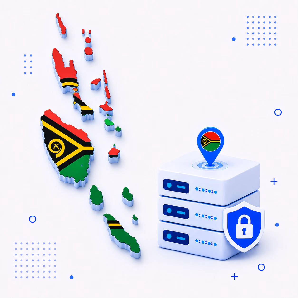 VPN for Vanuatu 3D map of Vanuatu in national flag colors beside encrypted VPN servers and a privacy shield