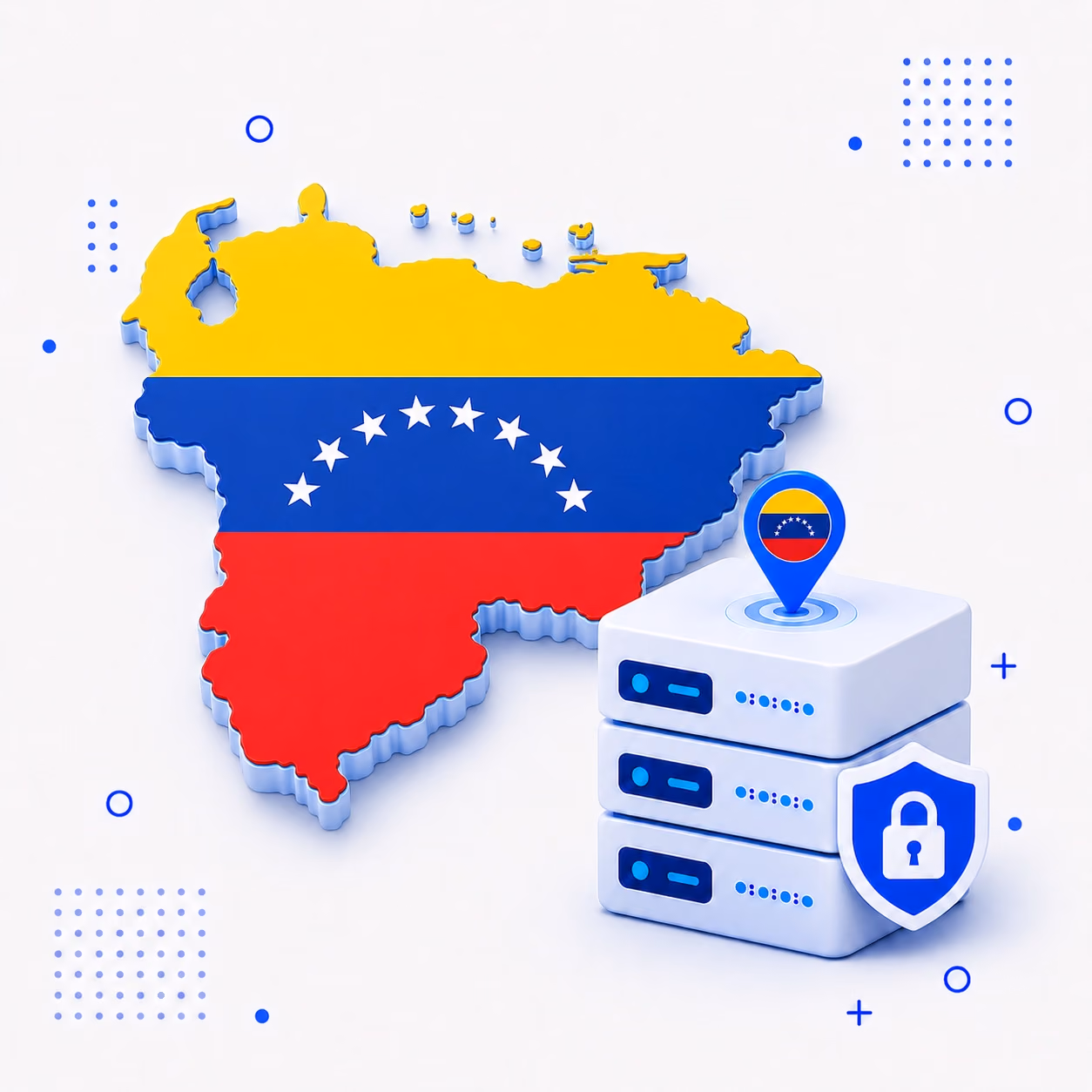 VPN for Venezuela 3D map of Venezuela in national flag colors beside protected VPN servers and a privacy shield