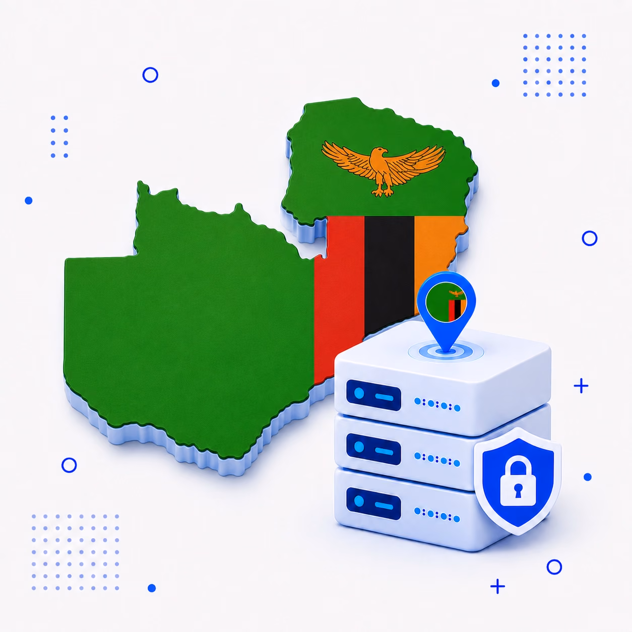 VPN for Zambia 3D map of Zambia in national flag colors beside secure VPN servers and a privacy shield