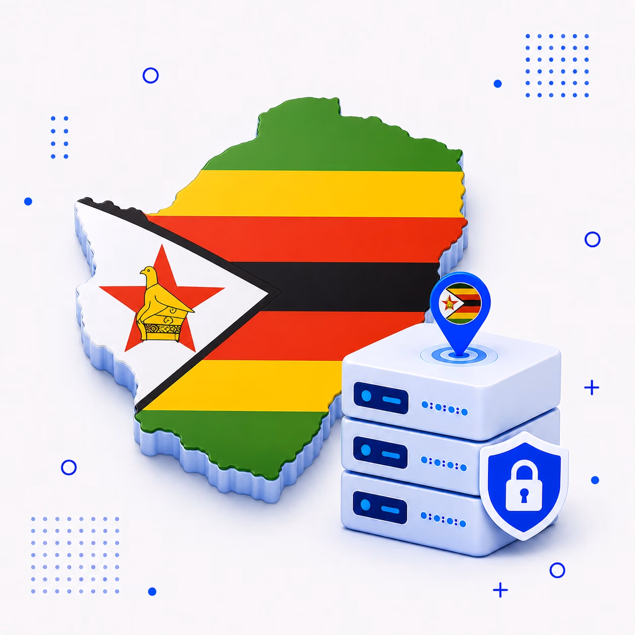 VPN for Zimbabwe 3D map of Zimbabwe in national flag colors with encrypted VPN servers and a privacy shield